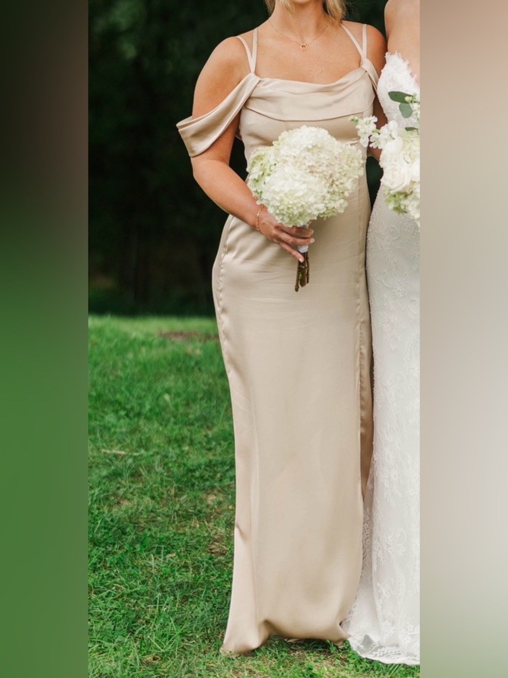 Azazie Callan Satin Off-Shoulder Maxi Dress in champagne